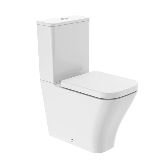 Modern white close coupled toilet with square rimless pan and soft close seat