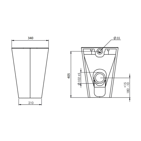 Technical drawing of square rimless back to wall toilet pan with detailed dimensions