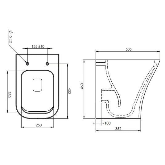 Technical drawing of a rimless back to wall toilet pan with precise measurements