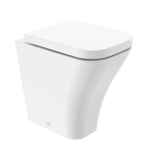 Modern white rimless back to wall toilet pan with comfort height and square seat design