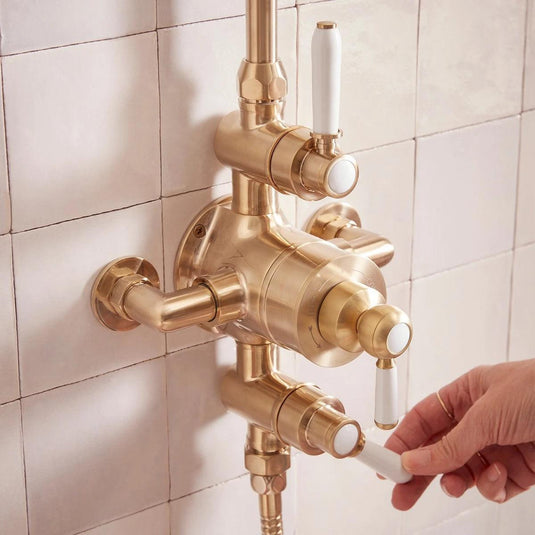 Tavistock Lansdown Dual Function Exposed Shower System with Overhead Shower & Handset - Brushed Brass - SLD1702 - Envy Bathrooms Ltd