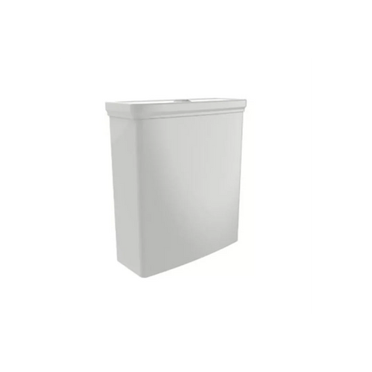 Modern white toilet cistern with a minimalist design on a plain background