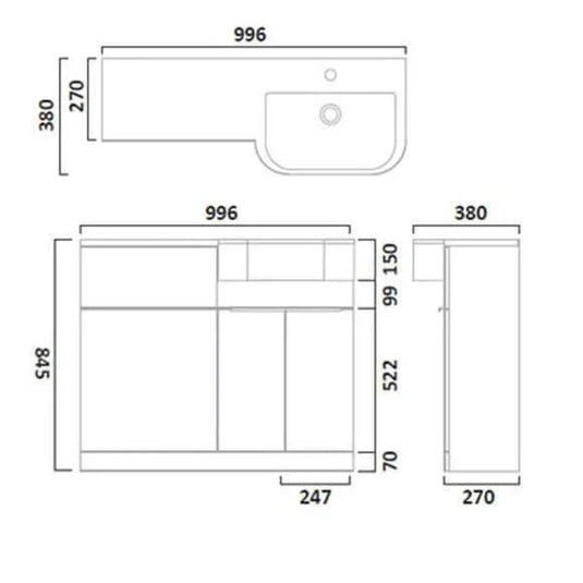 Tavistock Match 1000mm Combination Vanity Unit (RH) - Gloss White - MAT10R.W - Envy Bathrooms Ltd