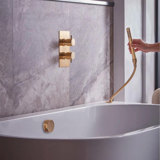 Tavistock Quantum Dual Function Shower System with Overflow Bath Filler & Deck Mounted Handset - Brushed Brass - SQT1619 - Envy Bathrooms Ltd