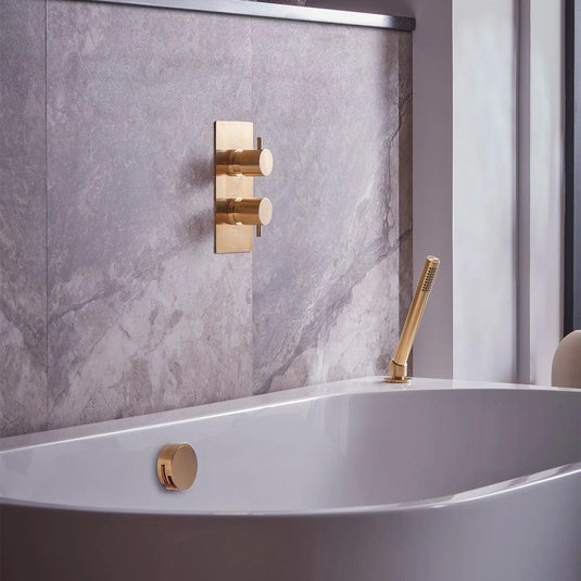 Tavistock Quantum Dual Function Shower System with Overflow Bath Filler & Deck Mounted Handset - Brushed Brass - SQT1619 - Envy Bathrooms Ltd