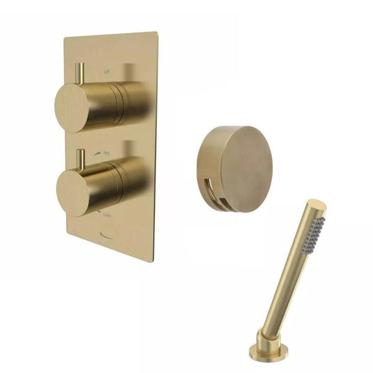 Tavistock Quantum Dual Function Shower System with Overflow Bath Filler & Deck Mounted Handset - Brushed Brass - SQT1619 - Envy Bathrooms Ltd