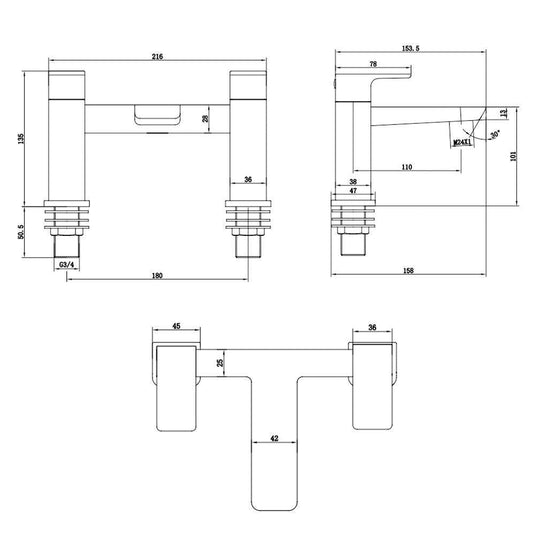 The White Space Veto 2-Hole Dual Lever Bath Filler Tap - Chrome - Envy Bathrooms Ltd