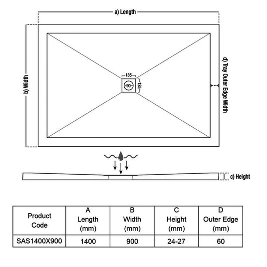 Traymate TM25 Symmetry 1400 x 900mm Anti-Slip Rectangular Shower Tray - Envy Bathrooms Ltd