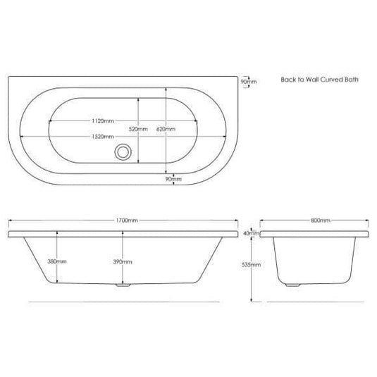 Trojan 1700 x 800mm D Shape 14 Jet Whirlpool Bath with LED Light & Waste - Envy Bathrooms Ltd