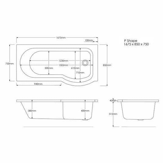 Trojan Concert P Shape 1675mm Shower Bath with Panel & Screen (RH) - Envy Bathrooms Ltd