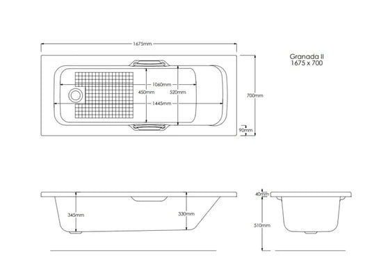 Granada II 1675 x 700mm rectangular bathtub technical drawing with measurements