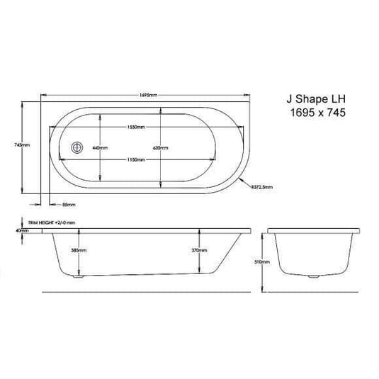 Trojan J Shape 1700 x 750mm 8 Jet Whirlpool Bath & Waste (LH) - Envy Bathrooms Ltd