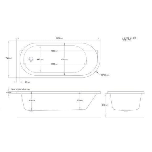 Trojan J Shape 1700mm Bath & Panel (LH) - Envy Bathrooms Ltd