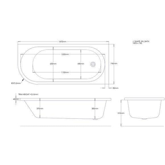 Trojan J Shape 1700mm Bath & Panel (RH) - Envy Bathrooms Ltd