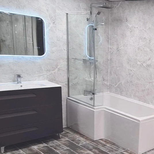 Trojan L Shaped Shower Bath Screen & Silver with Towel Rail - Envy Bathrooms Ltd