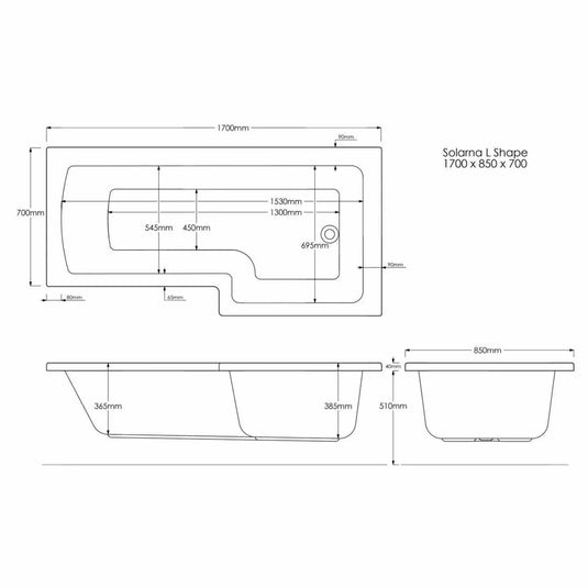 Trojancast Solarna L Shaped Shower Bath 1700x850x700mm LH - Envy Bathrooms Ltd