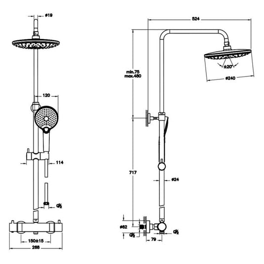 VitrA Aquaheat Bliss 240 Thermostatic Shower Column With 2-Function Overhead | Brushed Nickel | A4720534VUK - Envy Bathrooms Ltd