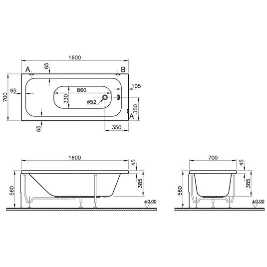 VitrA Balance 0TH 1600x700mm Single Ended Bath - 55210001000 - Envy Bathrooms Ltd