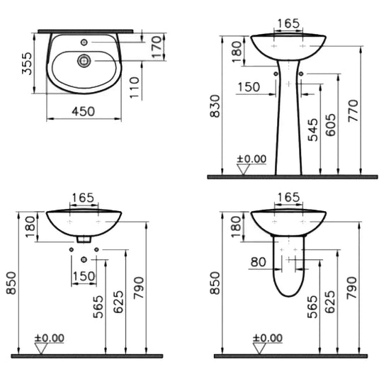 Vitra Commercial Wall Hung Cloakroom Basin - 450mm Wide - 2 Tap Hole - Envy Bathrooms Ltd