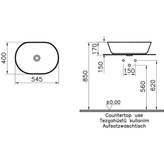 VitrA Geo 545x400mm 0TH Basin (No Overflow) - White - 7427B003-0016 - Envy Bathrooms Ltd