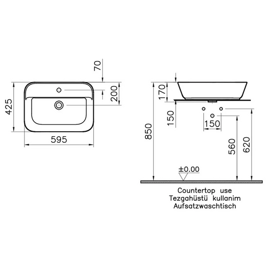 VitrA Geo 600x425mm 1TH Basin (No Overflow) - White - 7426B003-0041 - Envy Bathrooms Ltd
