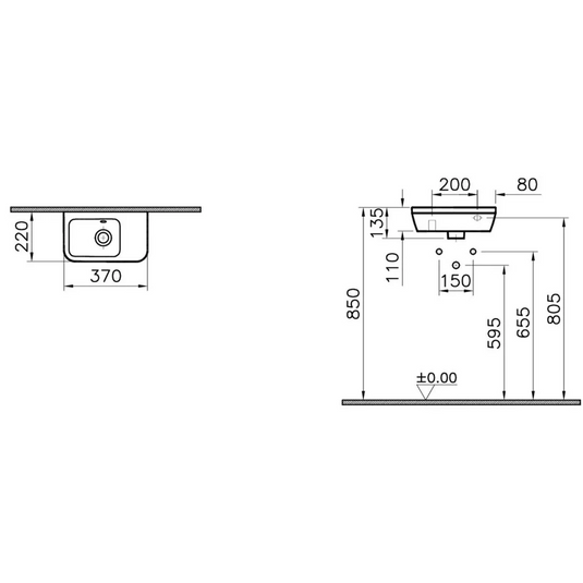 VitrA Integra 370x220mm 0TH Compact Basin w/Overflow (RH) - White - 7091L003-0012 - Envy Bathrooms Ltd