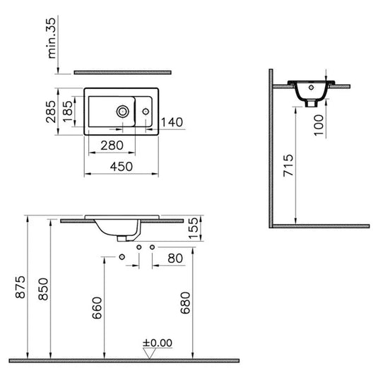 VitrA Integra 450x285mm 1TH Basin w/Overflow - White - 7034B003-0001 - Envy Bathrooms Ltd