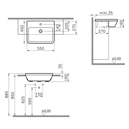 VitrA Integra 550x450mm 1TH Semi Recessed Basin - White - 7069B003-0001 - Envy Bathrooms Ltd