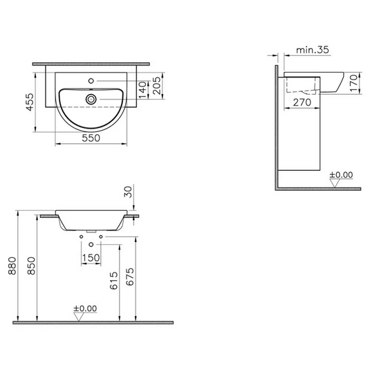VitrA Integra 550x455mm 1TH Semi Recessed Basin - White - 7337B003-0001 - Envy Bathrooms Ltd