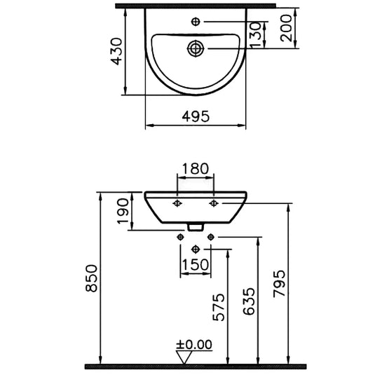 Vitra Integra Wall Hung Basin 495mm Wide - 1 Tap Hole - Envy Bathrooms Ltd