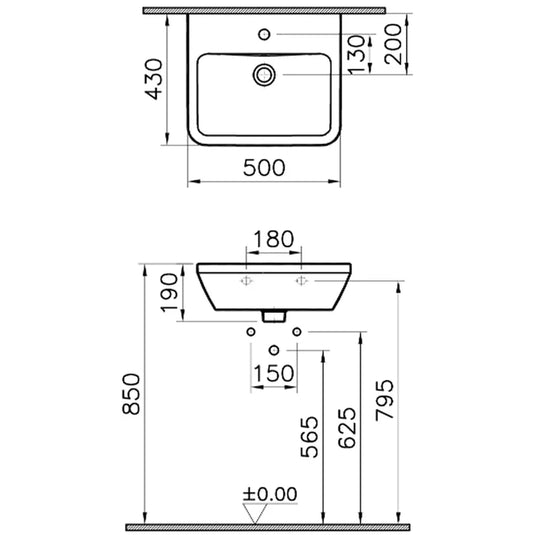 Vitra Integra Wall Hung Basin 500mm Wide - 1 Tap Hole - Envy Bathrooms Ltd