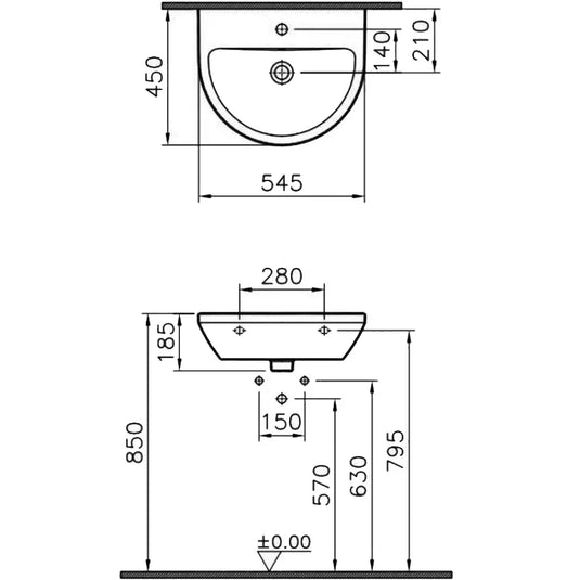 Vitra Integra Wall Hung Basin 545mm Wide - 1 Tap Hole - Envy Bathrooms Ltd