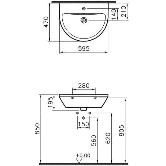 Vitra Integra Wall Hung Basin 595mm Wide - 1 Tap Hole - Envy Bathrooms Ltd