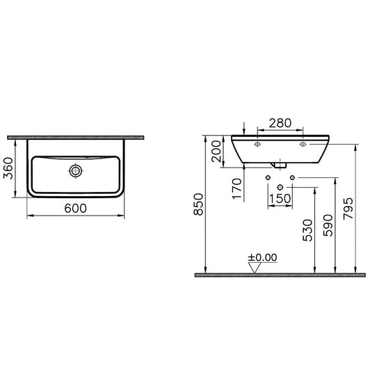 Vitra Integra Wall Hung Basin 600mm Wide - 0 Tap Hole - Envy Bathrooms Ltd