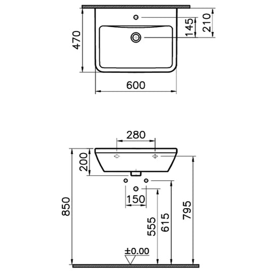 Vitra Integra Wall Hung Basin 600mm Wide - 1 Tap Hole - Envy Bathrooms Ltd
