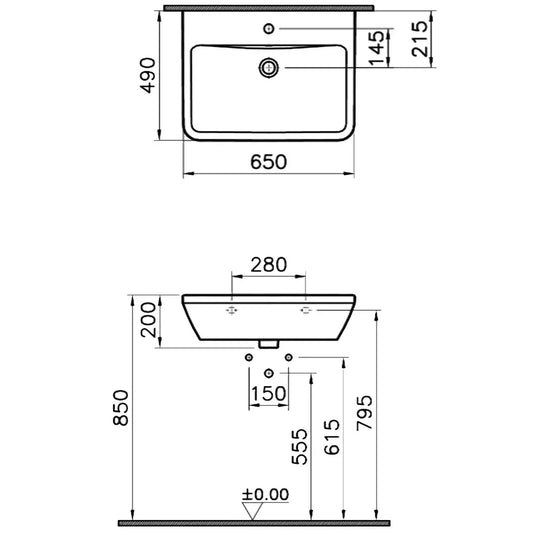 Vitra Integra Wall Hung Basin 645mm Wide - 1 Tap Hole - Envy Bathrooms Ltd