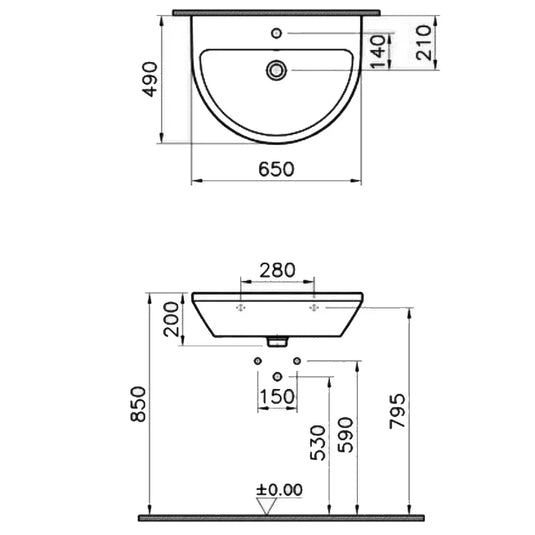 Vitra Integra Wall Hung Basin 650mm Wide - 1 Tap Hole - Envy Bathrooms Ltd