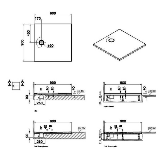 VitrA Leaf 900mm x 900mm Square Tray - Matt Anthracite - 65140001868 - Envy Bathrooms Ltd