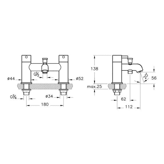 VitrA Minimax S 2-Hole Bath/Shower Mixer - Chrome - A42410VUK - Envy Bathrooms Ltd