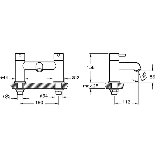 Vitra Minimax S Bath Filler Tap - Double Handle - Chrome - Envy Bathrooms Ltd