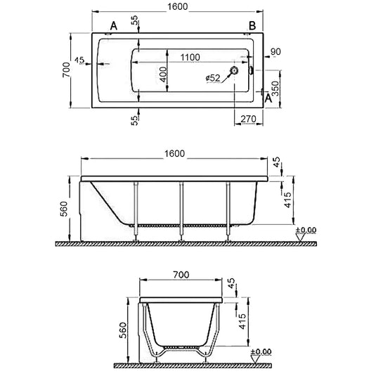 Vitra Neon Single Ended Rectangular Bath 1600mm x 700mm - 0 Tap Hole - Envy Bathrooms Ltd
