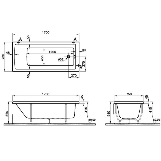 Vitra Neon Single Ended Rectangular Bath 1700mm x 750mm - 0 Tap Hole - Envy Bathrooms Ltd