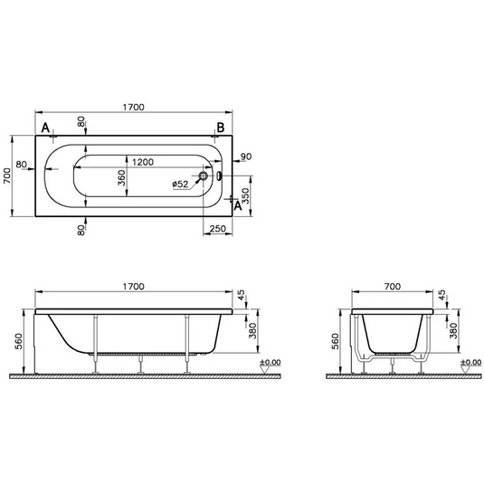 VitrA Optima 0TH 1700x700mm Single Ended Bath - 50820001000 - Envy Bathrooms Ltd