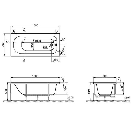 Vitra Optima Single Ended Rectangular Bath 1500mm x 700mm - 0 Tap Hole - Envy Bathrooms Ltd