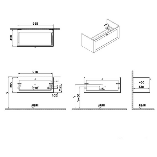VitrA Root Classic 100cm 1 Drawer Slim Washbasin Unit | Matt White | 68461 - Envy Bathrooms Ltd