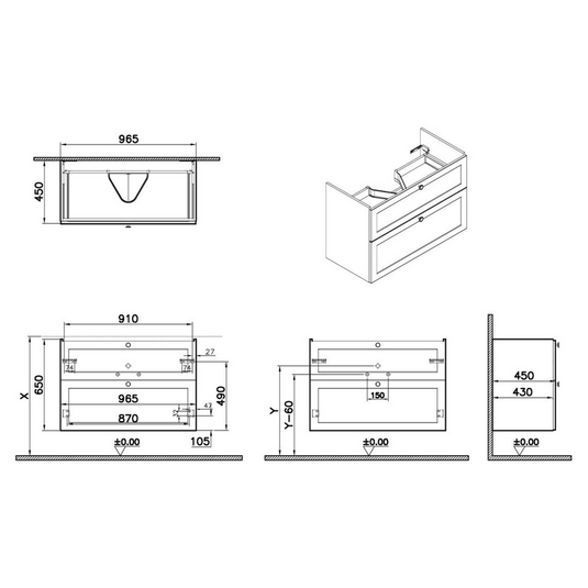VitrA Root Classic 100cm 2 Drawer Washbasin Unit | Matt White | 68482 - Envy Bathrooms Ltd