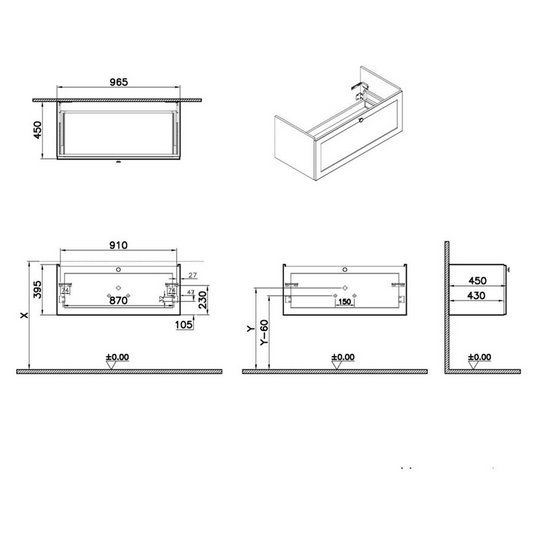 VitrA Root Classic 100cm 1 Drawer Slim Washbasin Unit | Matt Fjord Green | 68464 - Envy Bathrooms Ltd