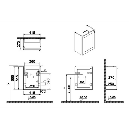 VitrA Root Classic 40cm 1 Door Wall Hung Slim Washbasin Unit (LH Hinge) | Matt Graphite | 68381 - Envy Bathrooms Ltd