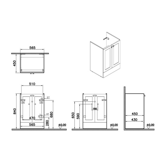 VitrA Root Classic 60cm 2 Door Floor Standing Washbasin Unit | Matt White | 68440 - Envy Bathrooms Ltd