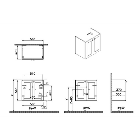 VitrA Root Classic 60cm 2 Door Wall Hung Slim Washbasin Unit | Matt White | 68391 - Envy Bathrooms Ltd
